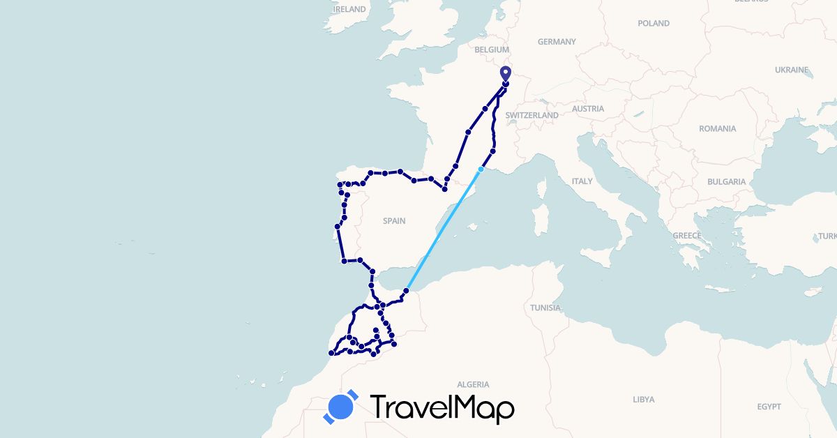 TravelMap itinerary: driving, boat in Spain, France, Morocco, Portugal (Africa, Europe)